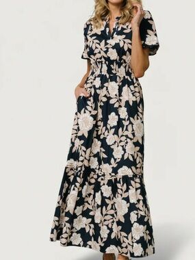 Floral Smocked Waist Maxi Dress - Black & Cream